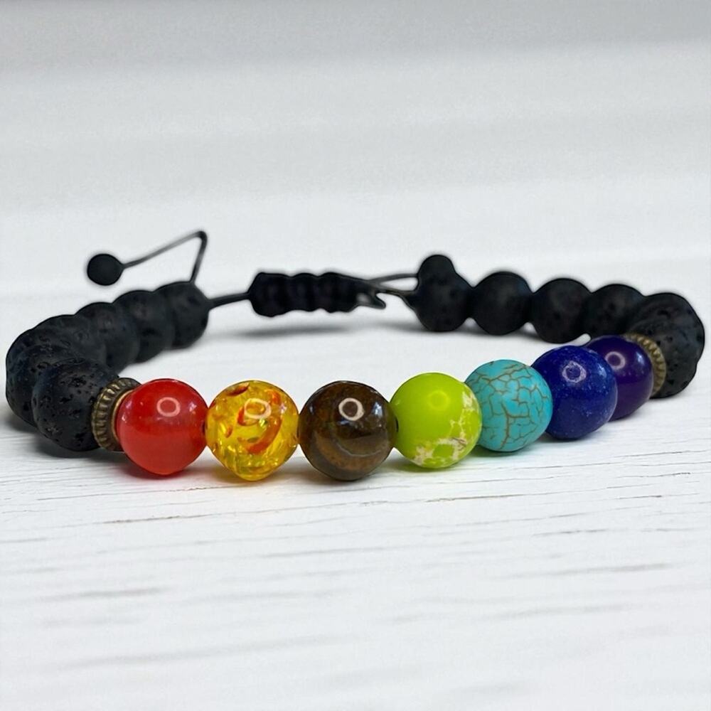 Lava Stone & 7 Chakra Healing Stones Adjustable Bracelet New